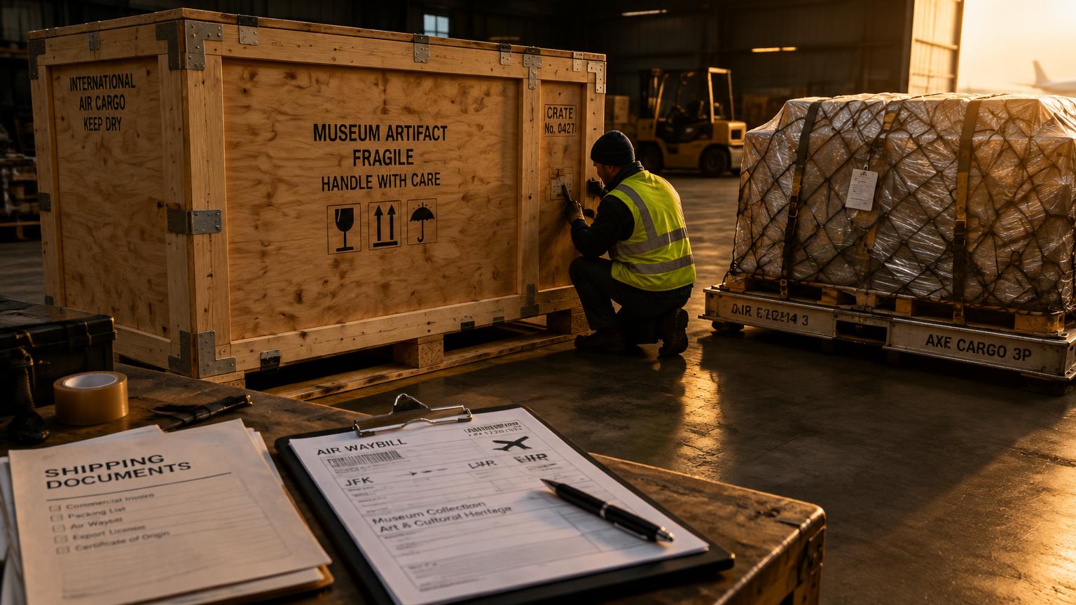 Houten transportkisten met kunstwerken in een vrachtterminal