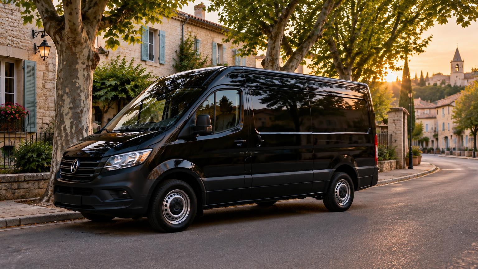Transportbus op een Franse landweg met bomenrij langs de weg