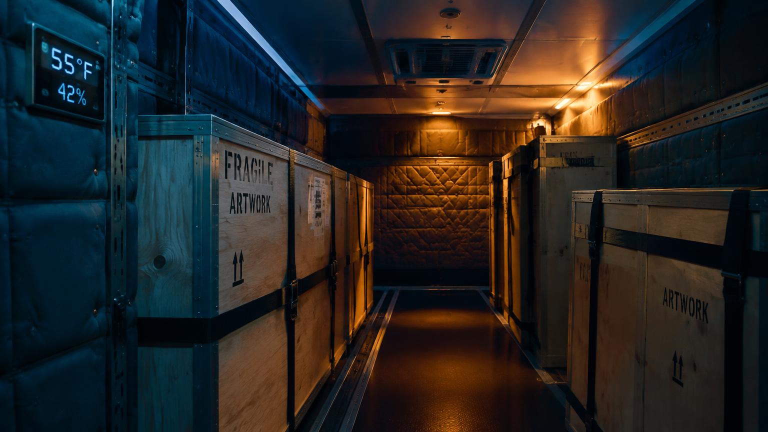 Gestoffeerde laadruimte met vastgezette kunstkisten tijdens transport