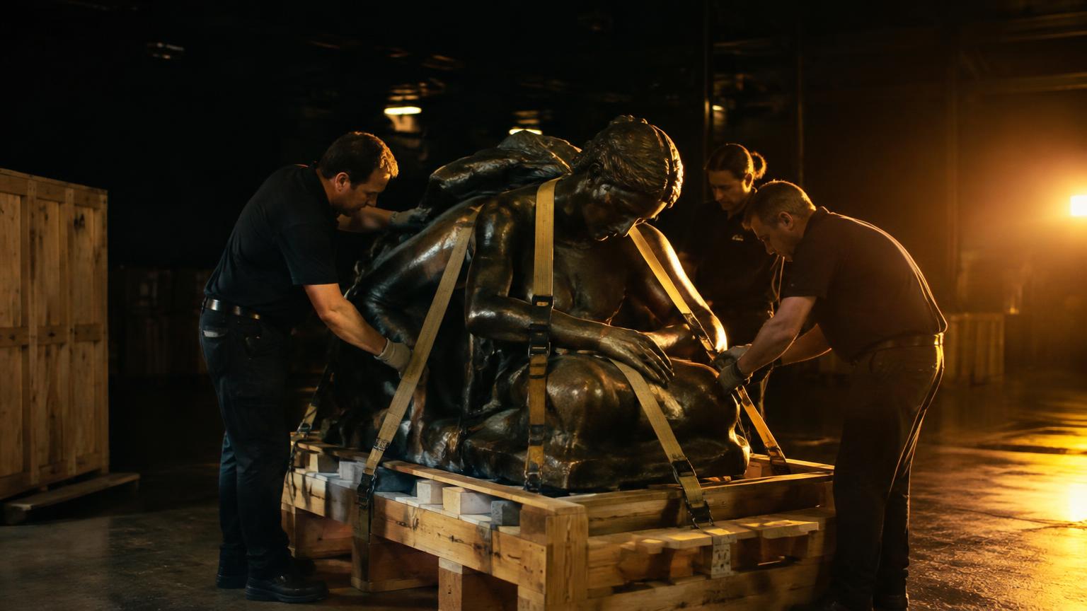 Arthandlers die een bronzen sculptuur vastzetten op een houten pallet